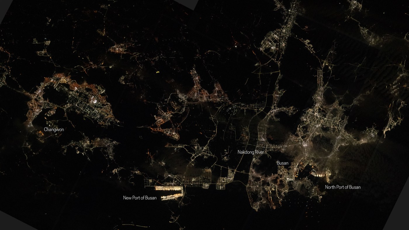 Busan and its coastline at night, photographed from the International Space Station
